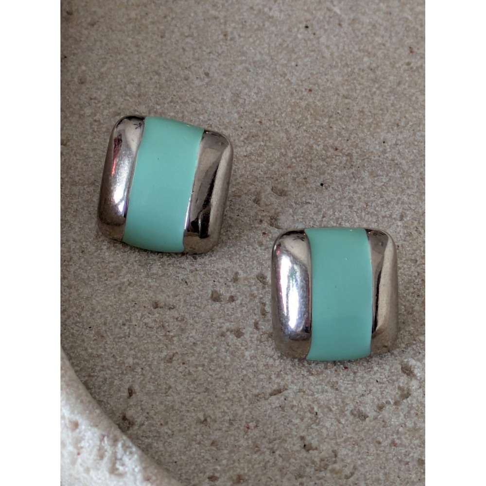 Silver Tone Stud Earrings In Turquoise Color Colorblock Square Everyday Classic